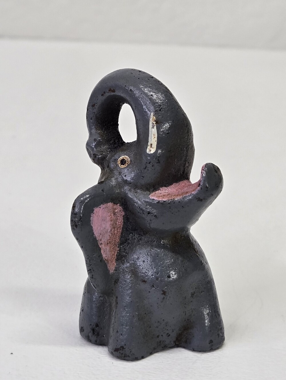 VTG Cast Iron Elephant Bottle Opener‎ Figural Paperweight Trunk Up Pink Mouth #4